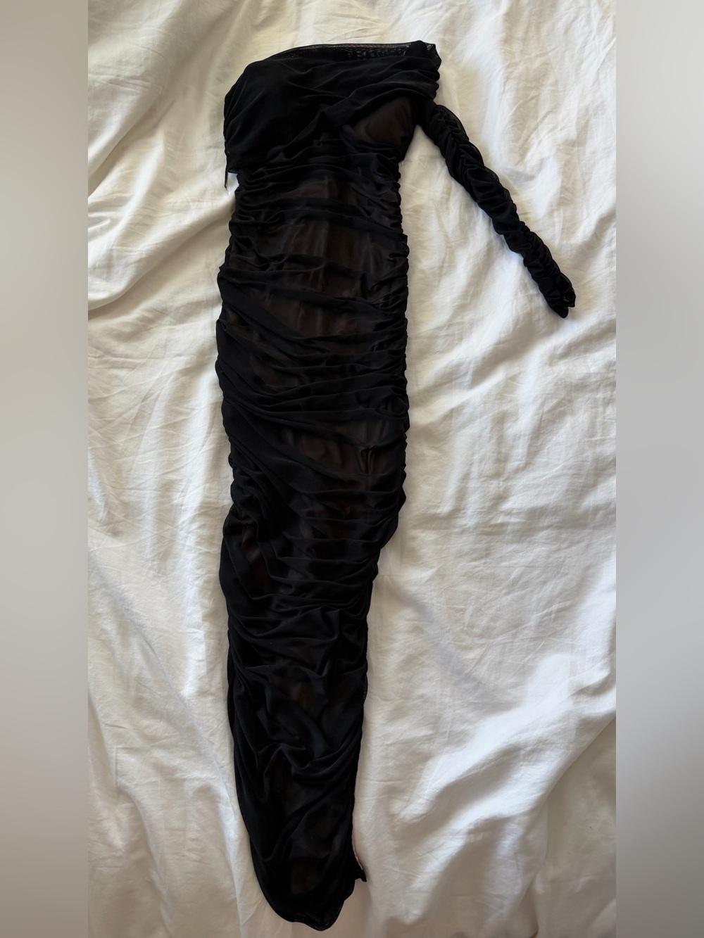 JLUXLABEL Black Off-Shoulder Ruched Sheer Maxi Dress